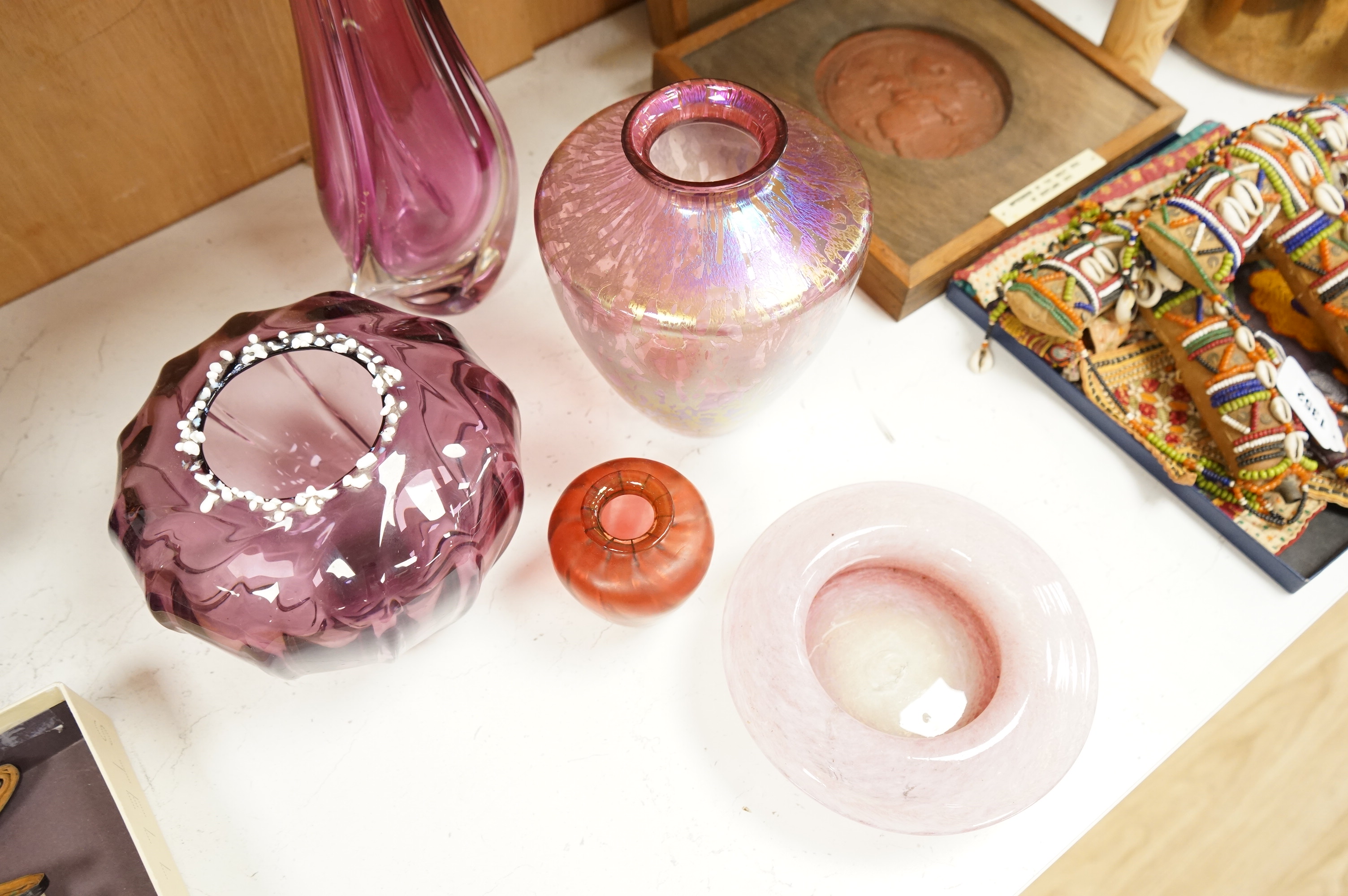 Five pieces of art glass including a Royal Brierley Studio vase, tallest 37.5cm